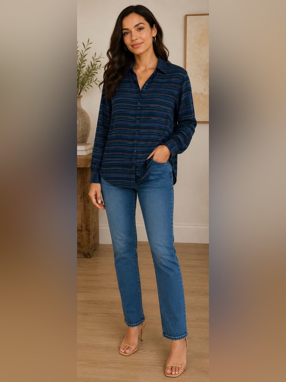 CAbi Blue and Green Striped Blouse